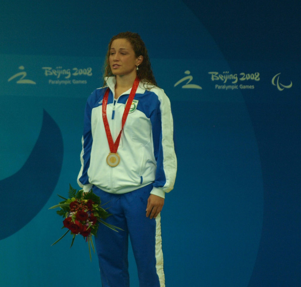 Karolina Pelendritou with her medal at the Beijing Paralympics in 2008